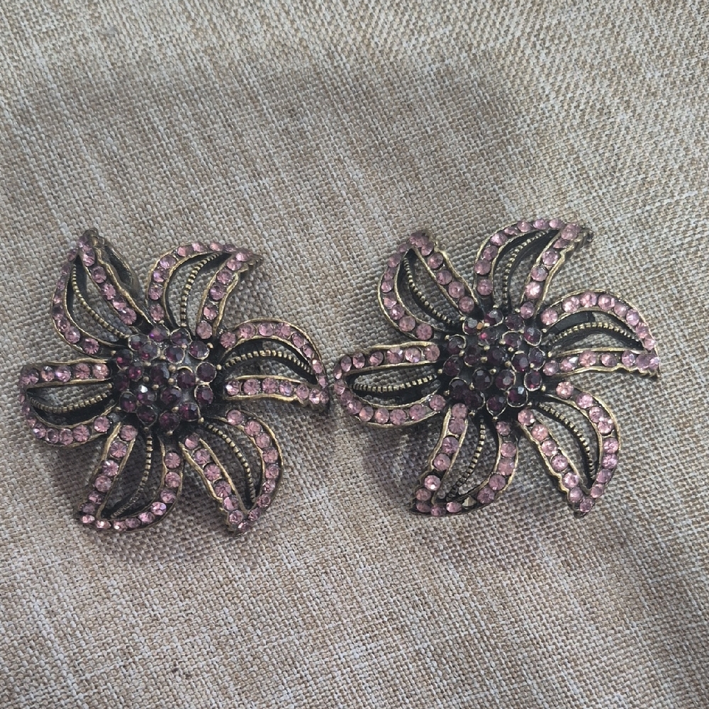 2 Vintage Gold Tone Purple Rhinestones Floral Burst Slide Pendant Brooches